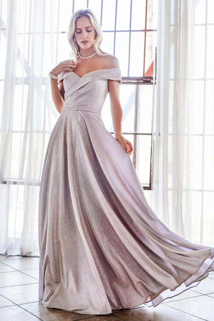 Dresses * | Cinderella Divine Cd183 Off Shoulder Metallic Long Evening Gown Opening Sales Rose Champagne