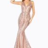 Dresses * | Cinderella Divine J8795 Long Formal Spaghetti Strap Glitter Print Prom Gown Limited Edition Rose-Gold