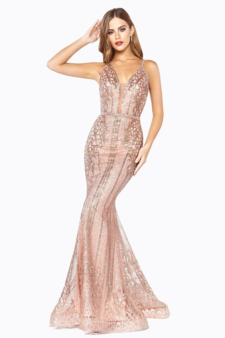 Dresses * | Cinderella Divine J8795 Long Formal Spaghetti Strap Glitter Print Prom Gown Limited Edition Rose-Gold