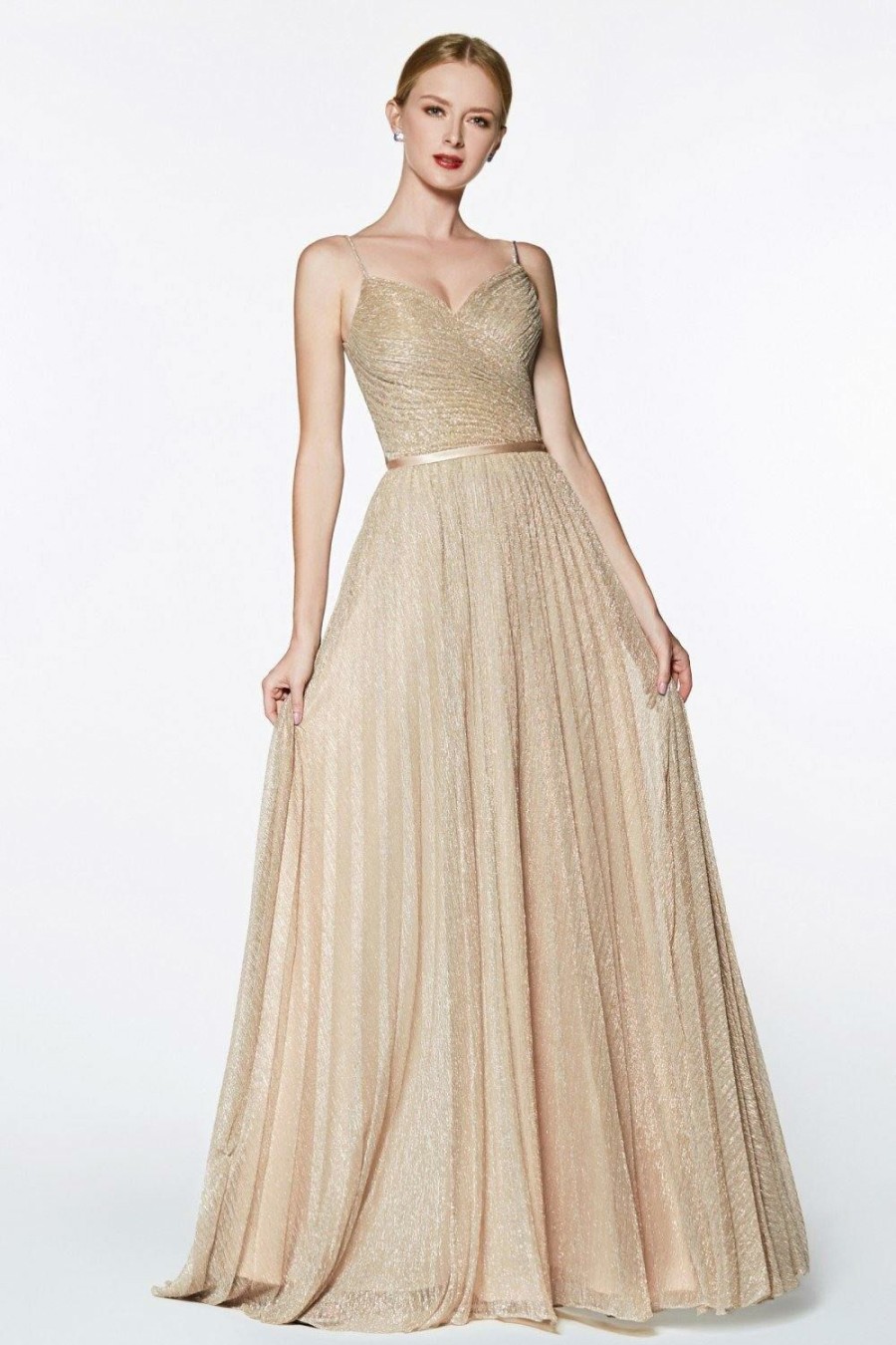 Dresses * | Cinderella Divine Cj269 Long Metallic Prom Dress Sale Discounts Gold