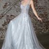 Dresses * | Cinderella Divine Cb047 Long Formal Spaghetti Strap Glitter Print Prom Gown Discount Store