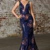 Dresses * | Cinderella Divine J797 Long Formal Sleeveless Floral Print Mermaid Dress Tendy Style Navy