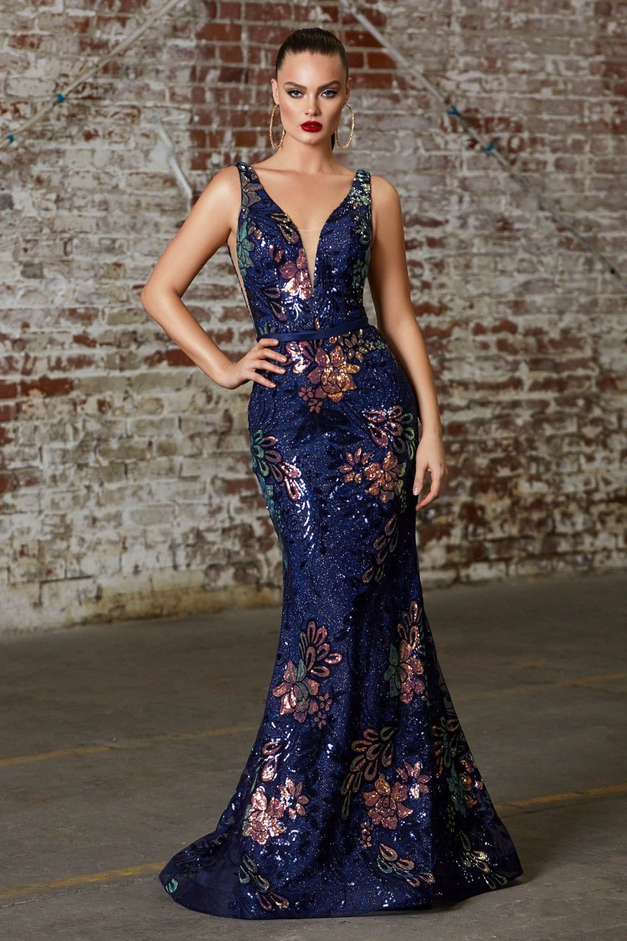 Dresses * | Cinderella Divine J797 Long Formal Sleeveless Floral Print Mermaid Dress Tendy Style Navy