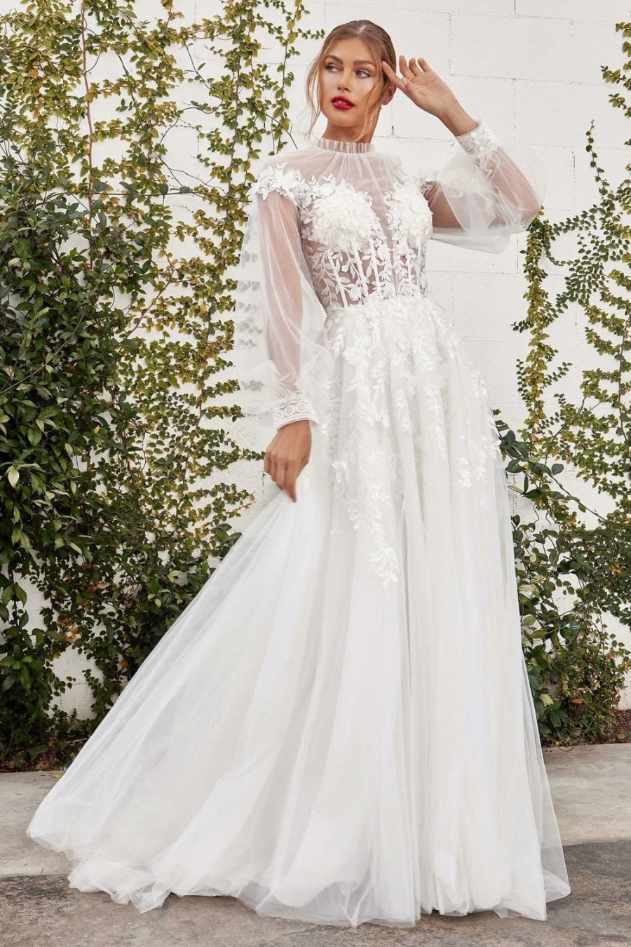 Dresses * | Cinderella Divine A1074W Long Sleeve Sheer A Line Wedding Gown Cut Price Off-White