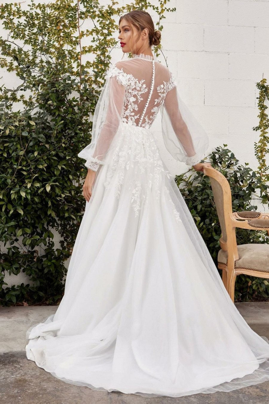 Dresses * | Cinderella Divine A1074W Long Sleeve Sheer A Line Wedding Gown Cut Price Off-White