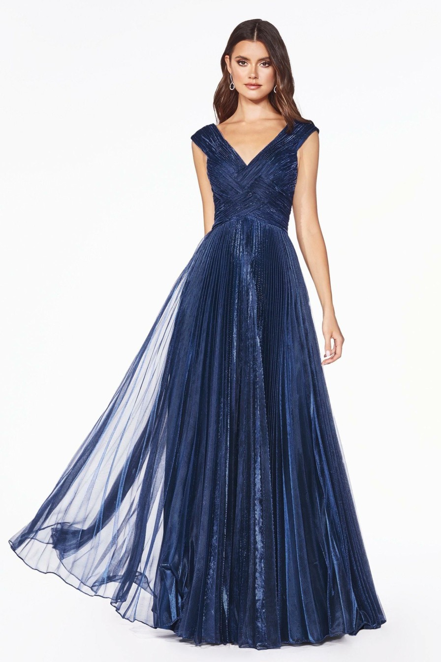 Dresses * | Cinderella Divine Cj539 Long Metallic Prom Dress Sale Best Sale Navy