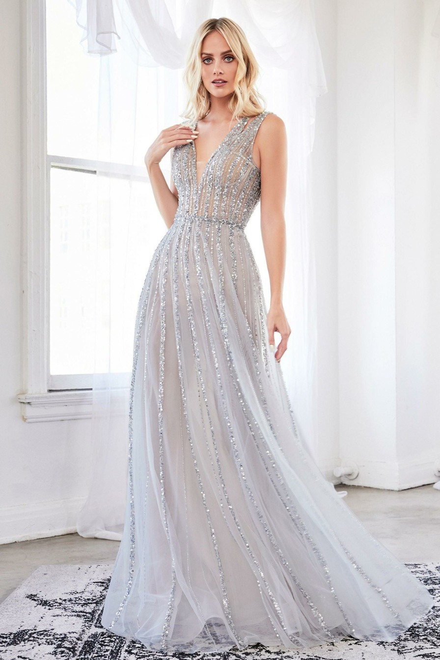 Dresses * | Cinderella Divine Ck935 Long Formal Sleeveless Beaded Evening Prom Dress Lower Prices Silver