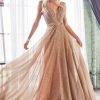 Dresses * | Cinderella Divine Cw167 Long Pleated Spaghetti Strap Metallic Prom Dress Popular Rose-Gold