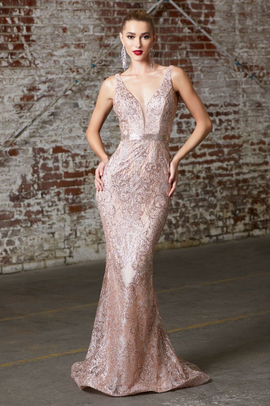 Dresses * | Cinderella Divine Cw213 Long Formal Sleeveless Glitter Print Prom Dress Latest Rose Gold