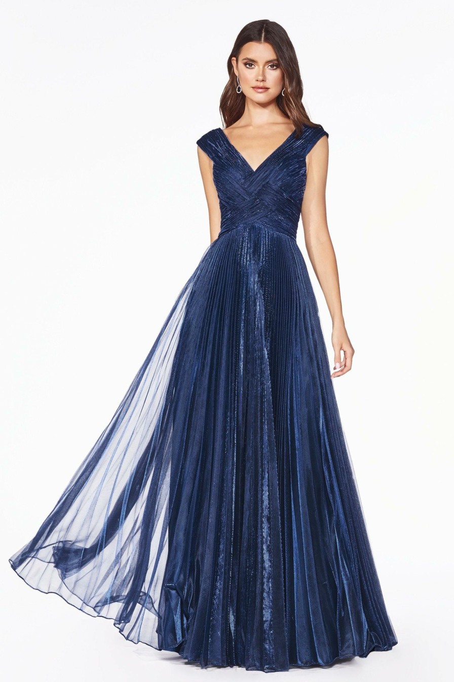 Dresses * | Cinderella Divine Cj539 Long Formal Pleated Metallic Evening Prom Dress Special Offers