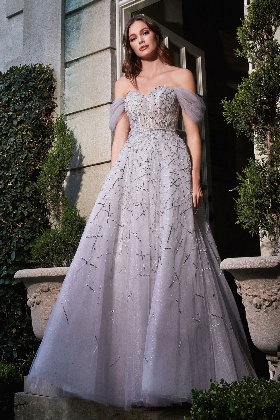 Dresses * | Cinderella Divine B713 Off Shoulder Glittered Long A Line Prom Dress Fashion Silver