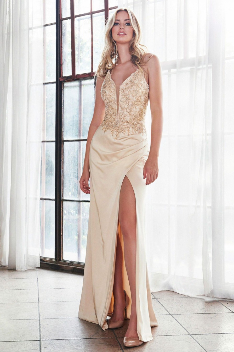 Dresses * | Cinderella Divine Ml940 Long Formal Plus Size Prom Dress Sale Gift Selection Champagne