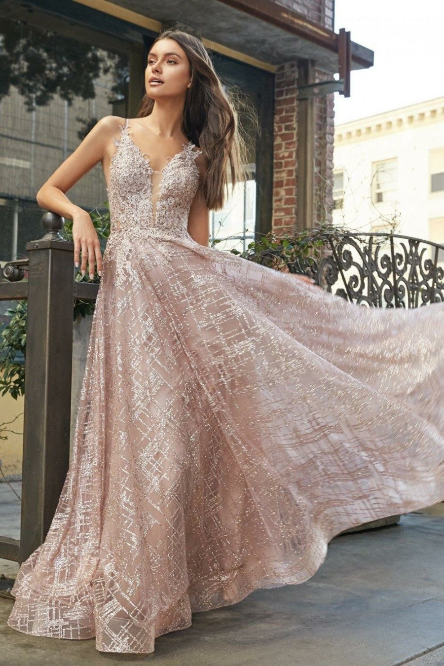 Dresses * | Cinderella Divine Cj515 Long Glitter Prom Dress Exclusive Rose Gold