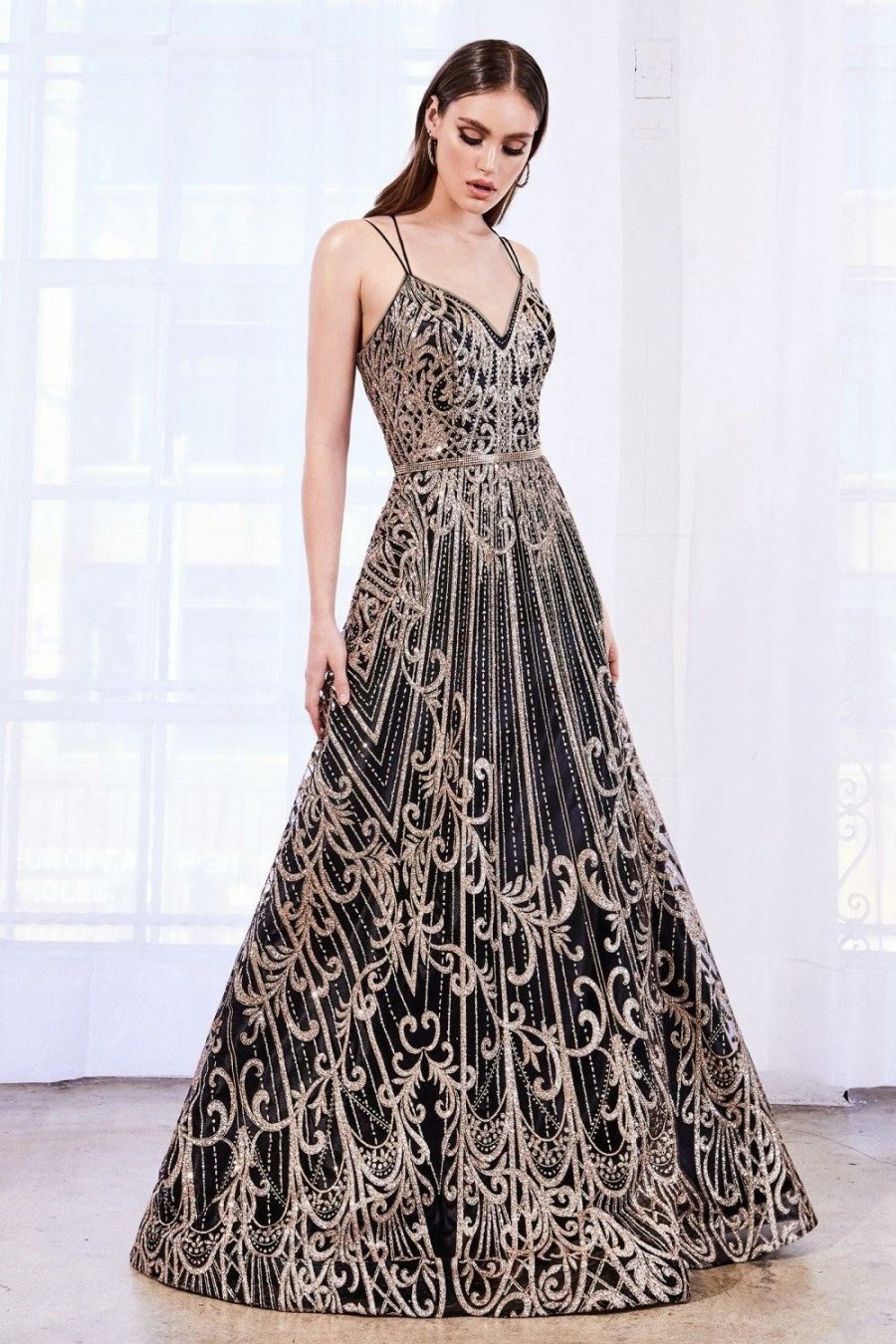 Dresses * | Cinderella Divine J9790 Long Prom Glitter Evening Gown Exclusive Design Black Gold