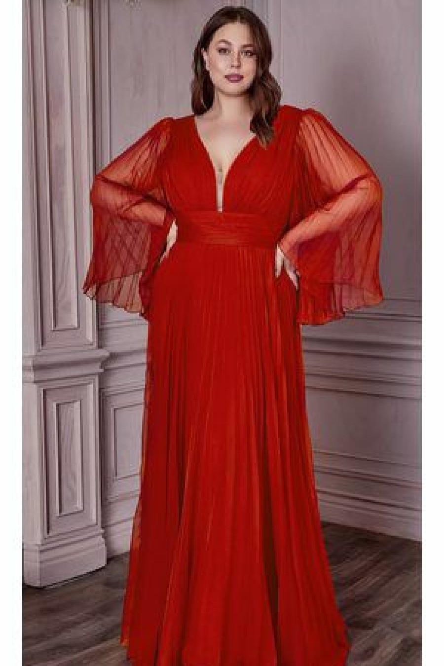 Dresses * | Cinderella Divine Cd242C Long Sleeve Pleated Formal Prom Dress Sale Exclusive Design