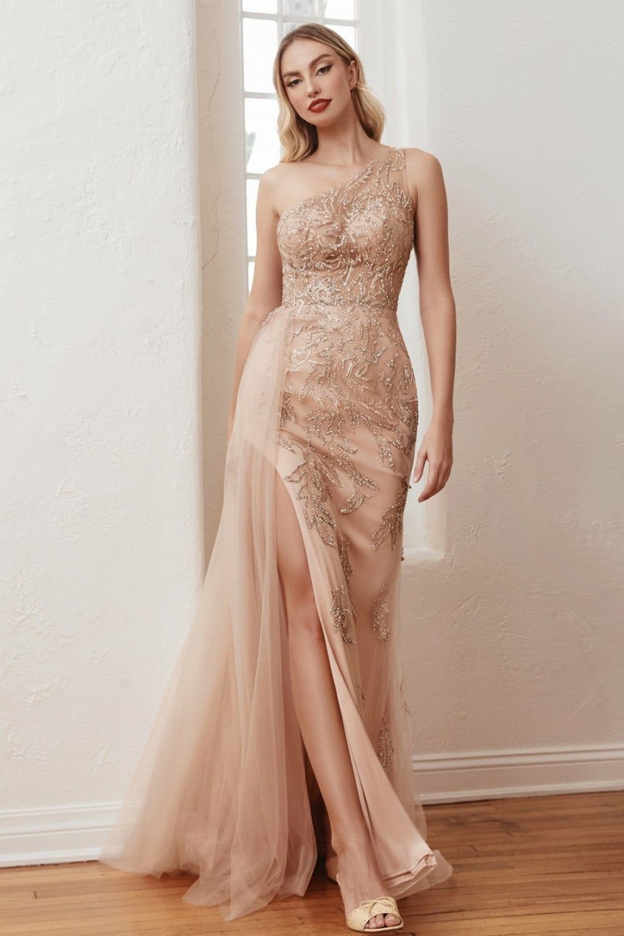 Dresses * | Cinderella Divine Cb098 Long One Shoulder Formal Dress Cheap Online Rose Gold